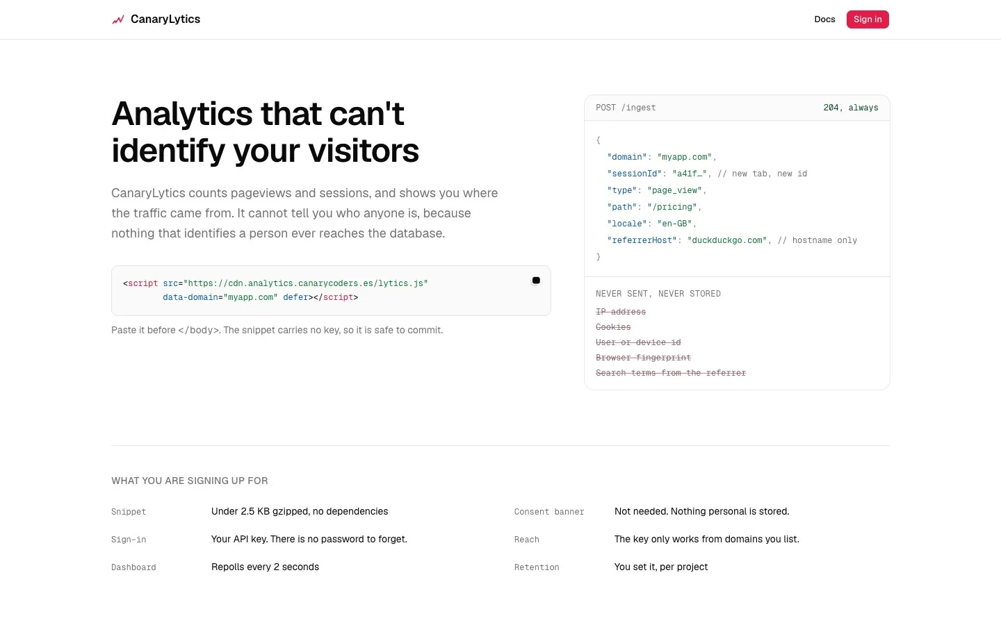 Screenshot of CanaryLytics: Cookieless web analytics